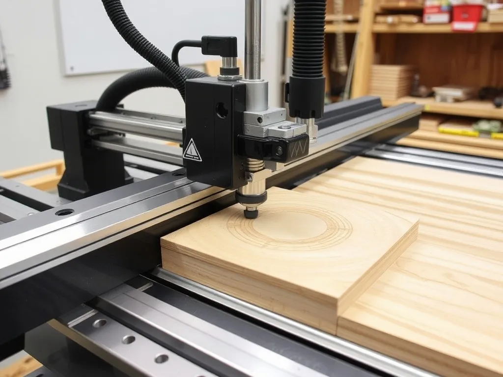 A CNC routing process in the mechanical machining industry, where a CNC router is precisely cutting and shaping a wooden board.