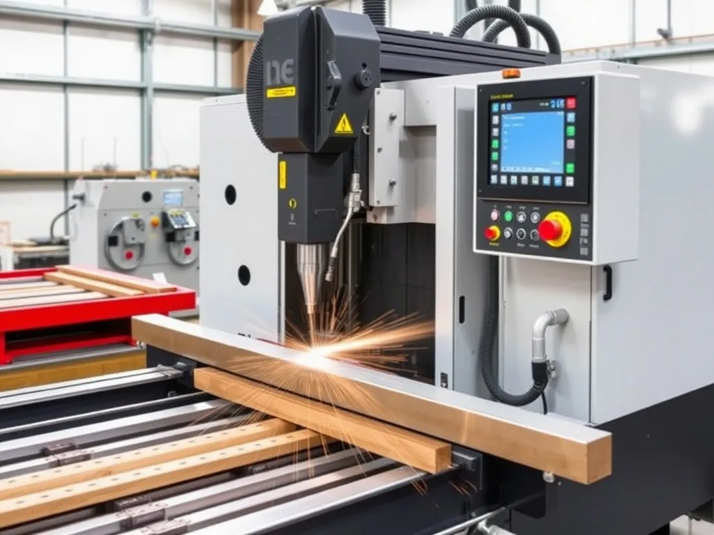 A CNC sawing process in the mechanical machining industry, where a computer - numerical - control saw is cutting a metal bar precisely.