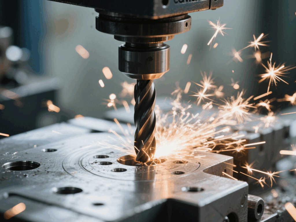 CNC drilling service in the mechanical machining industry, accurately depicting the process of creating holes in metal workpieces with high - precision CNC drilling machines.