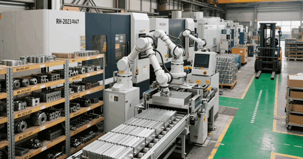 CNC-machined robotic hands operating in a factory, handling precision components during machining processes, showcasing automated efficiency in industrial manufacturing with seamless integration of robotic technology.