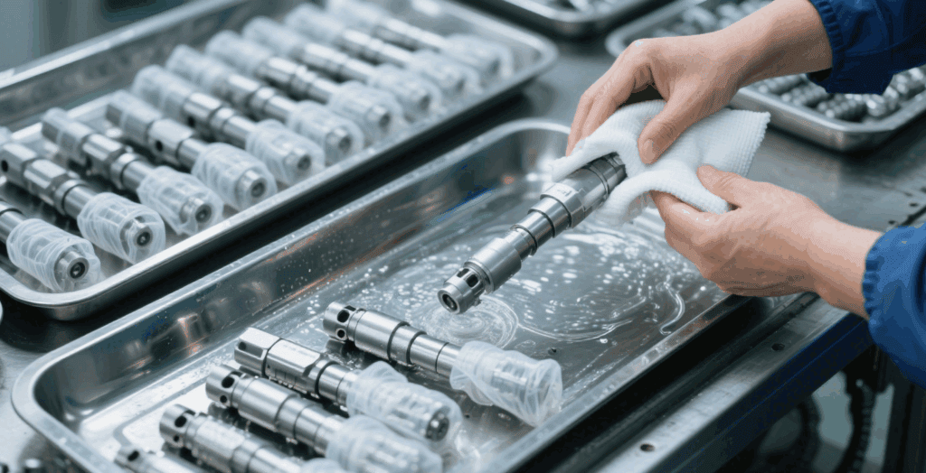 Technician cleaning and organizing precision-machined robotic hand parts after CNC processing