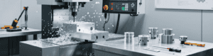 CNC-machined custom marine components with precision cuts, displayed on a mechanical workshop production bench