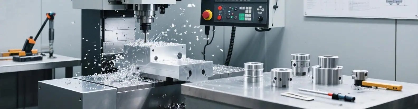 CNC-machined custom marine components with precision cuts, displayed on a mechanical workshop production bench