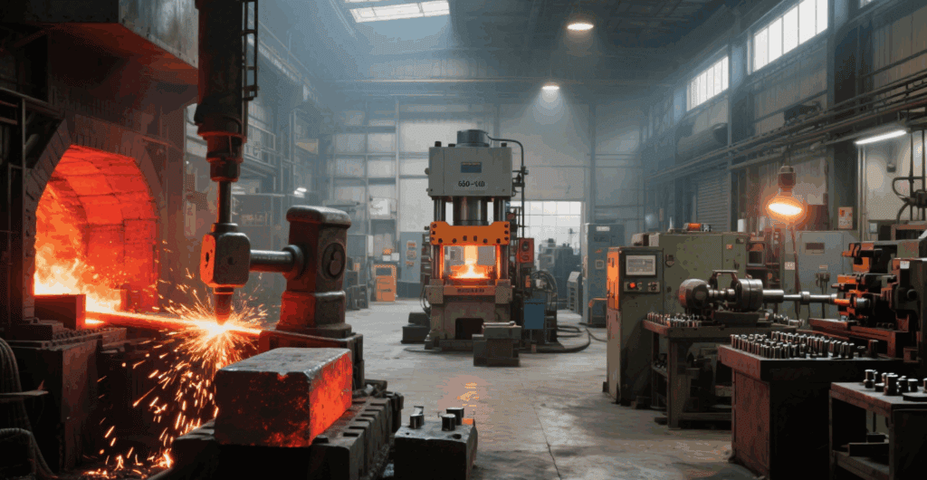 A custom metal forge in the mechanical processing industry, showing the precision and artistry of metal shaping with advanced tools and skilled craftsmanship.