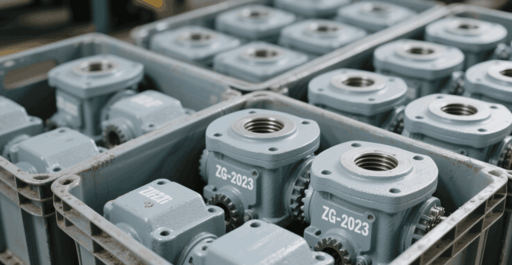 Finished gearbox housings for agricultural machinery, precision-machined , neatly arranged in industrial crates, showcasing CNC machining quality in the mechanical processing industry.