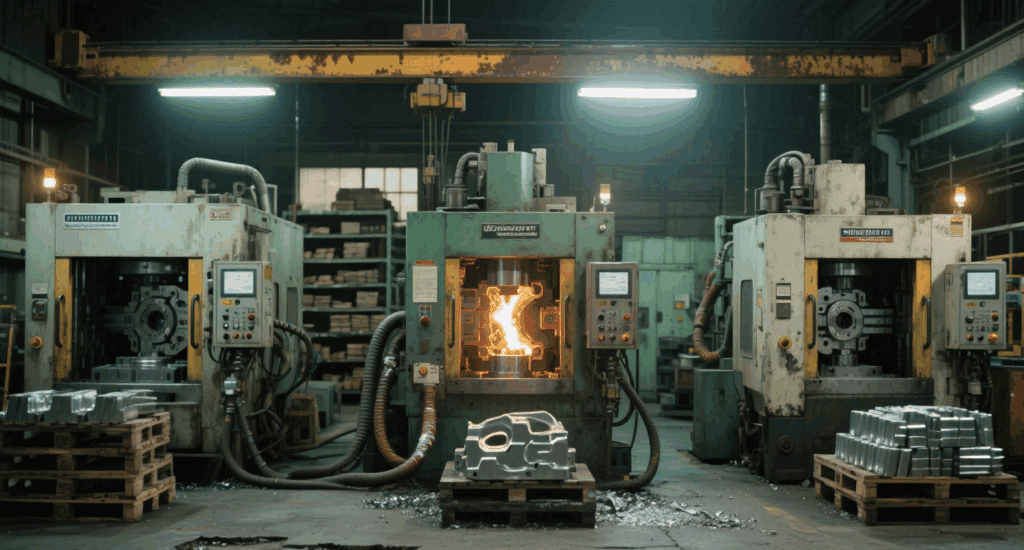 Auto die casting machine in operation, shaping metal components with precision for automotive manufacturing