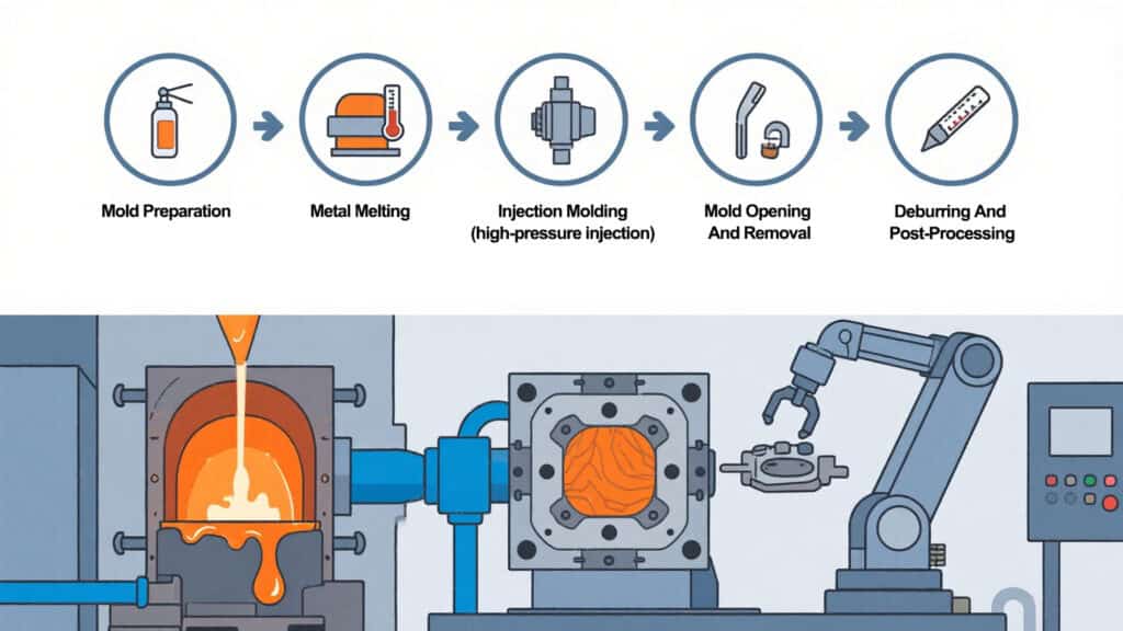 Industrial die-casting machine manufacturing auto parts with molten metal injection in a factory setting