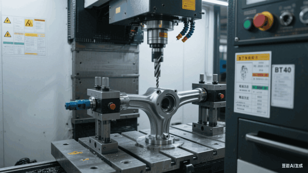 CNC machining of a forged automotive control arm using high-precision vertical milling. Ideal for consistent batch production and complex geometries.