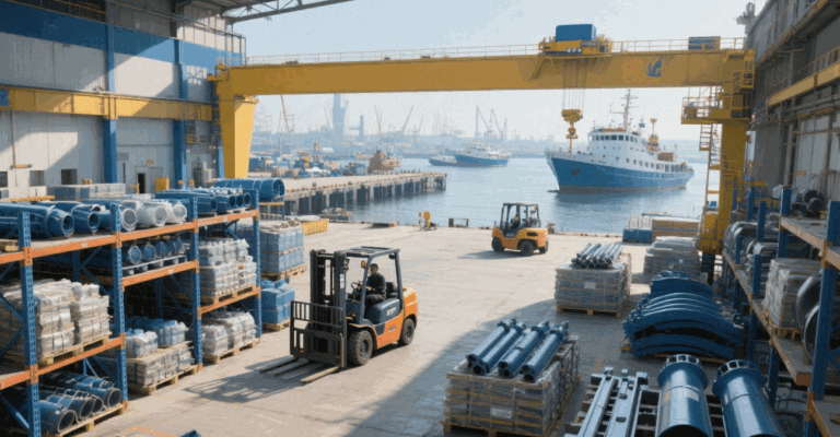 Precision machined marine components being fabricated on a CNC lathe, showcasing high-quality metalworking for maritime applications