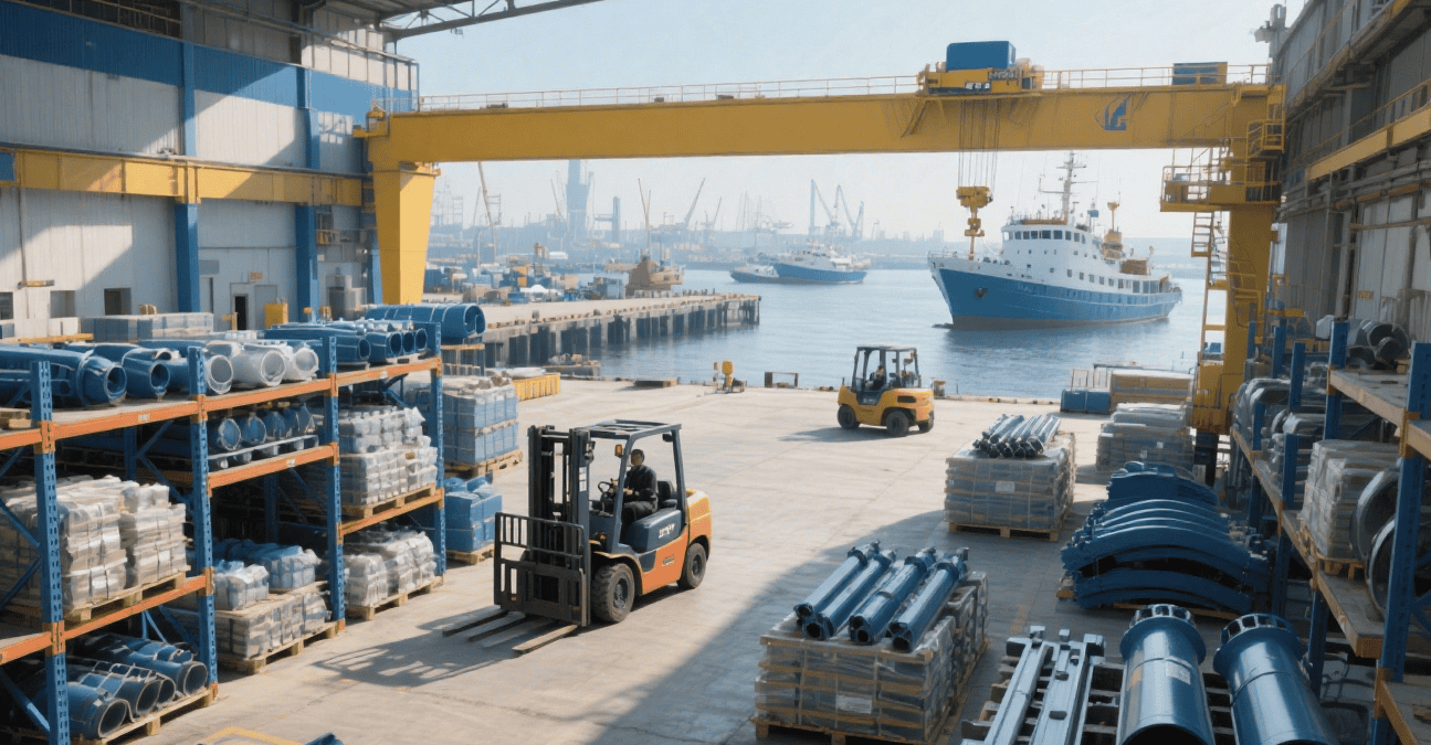 Precision machined marine components being fabricated on a CNC lathe, showcasing high-quality metalworking for maritime applications