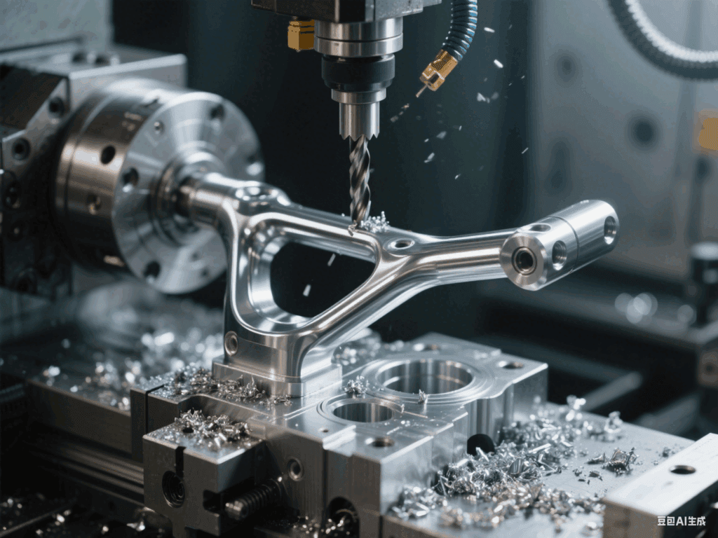 A close-up of a CNC milling machine processing a high-precision bicycle seat frame part, with cutting tools shaping the metal workpiece to exact dimensions, showcasing the precision machining process in bicycle component manufacturing.