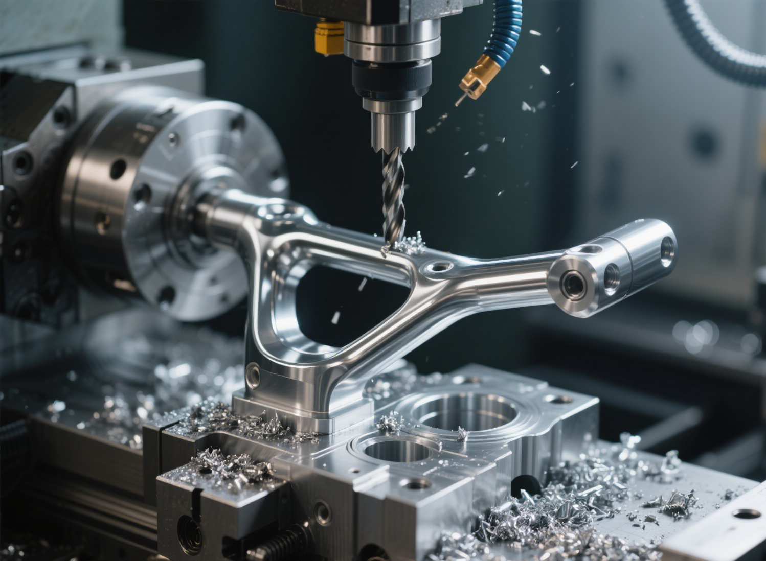 A close-up of a CNC milling machine processing a high-precision bicycle seat frame part, with cutting tools shaping the metal workpiece to exact dimensions, showcasing the precision machining process in bicycle component manufacturing.