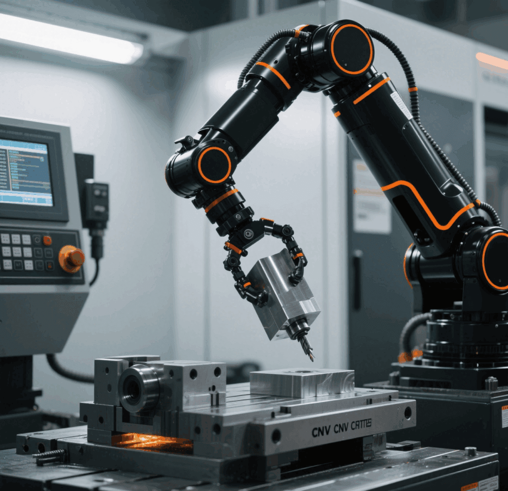 Precision machining for robotics, showing high - tech equipment processing robot parts with accuracy in a mechanical workshop.