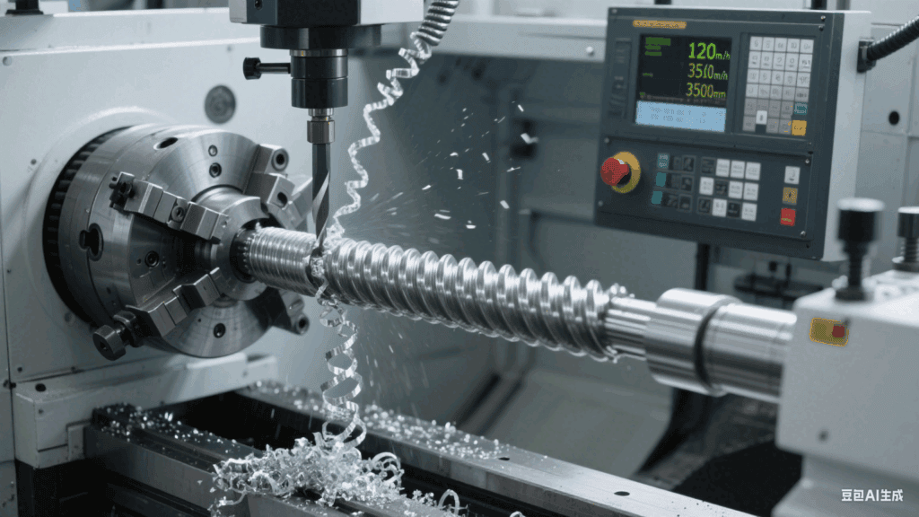 CNC machining center precision-cutting components for renewable energy equipment, showcasing high-precision manufacturing of wind turbine gears and solar panel mounting parts with advanced numerical control technology.