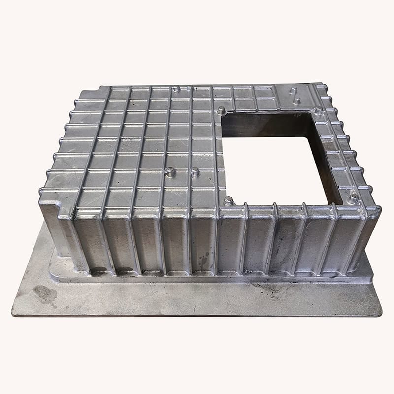 Sand casting process for control box housing manufacturing, showing metal casting in industrial production