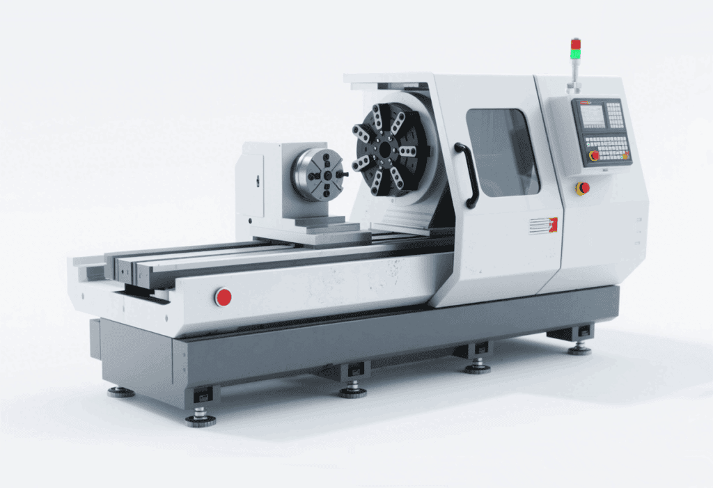A CNC lathe in operation, machining a metal workpiece with precision in a mechanical manufacturing facility