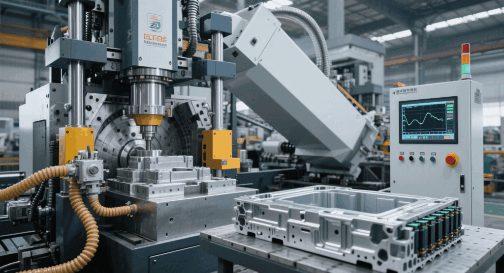 High-pressure die casting machine forming automotive metal parts in a factory setting