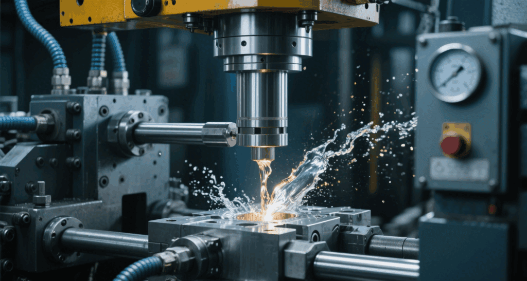 Industrial die casting machine producing automotive components in a manufacturing facility