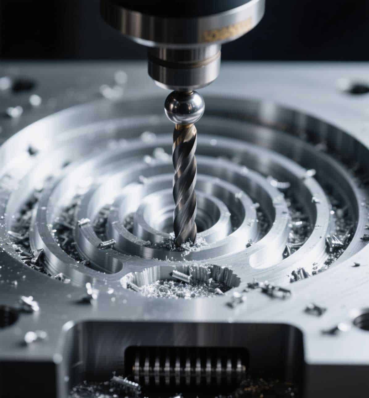 Close-up view of custom CNC milling cutting metal workpiece