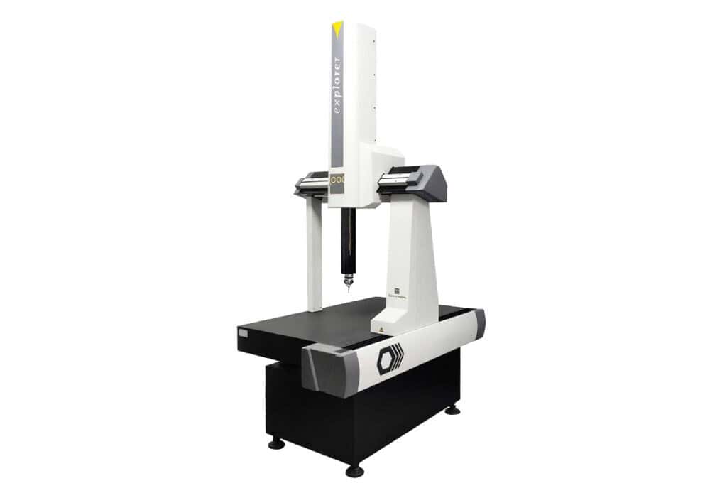 Coordinate measuring machine (CMM) inspecting a precision machined component in a manufacturing facility