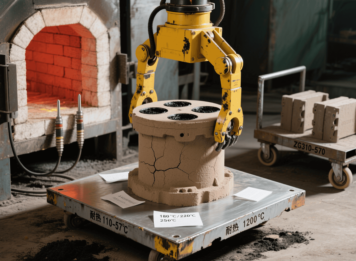 Workers operating dry sand molding equipment to form sand molds for metal casting in a foundry