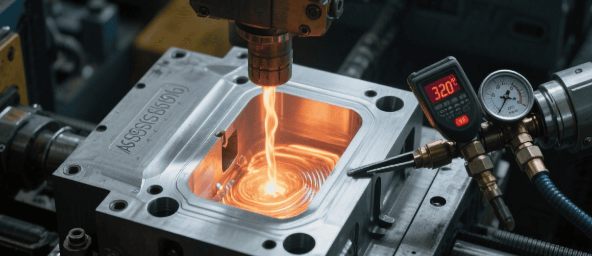 Gravity die casting workflow depicting molten metal injection into dies and subsequent cooling steps in mechanical machining