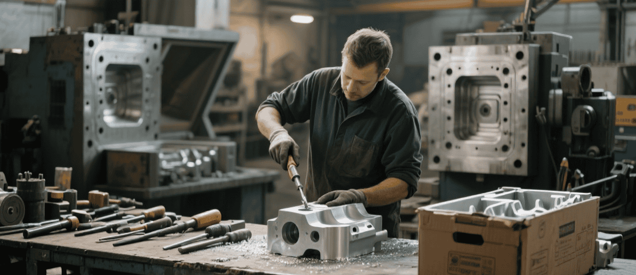 Gravity die casting workflow showing demolding and trimming stages in metal manufacturing