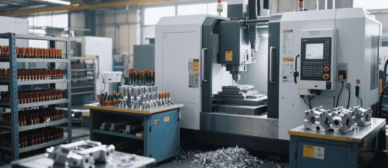 Gravity die casting components undergoing machining and finishing processes in a manufacturing facility