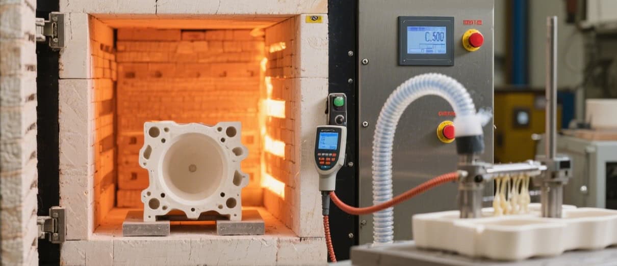 A close-up view of the de-waxing stage in investment casting, showing molten wax removal to form mold cavities for precision metal components.