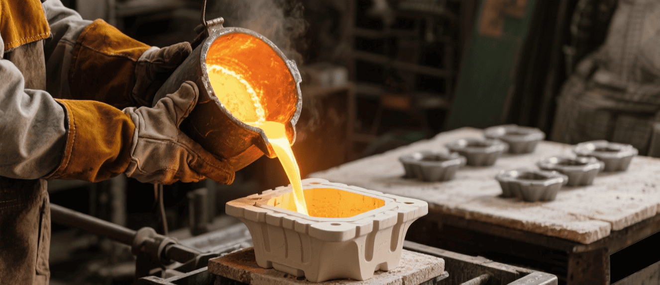 Investment casting workflow showing metal casting and cooling stages in mechanical manufacturing