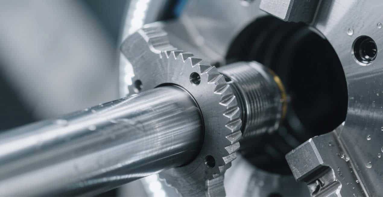 Close-up of a precision turning machine processing a metal workpiece, showing smooth cutting tools and clamped raw material in a mechanical manufacturing workshop