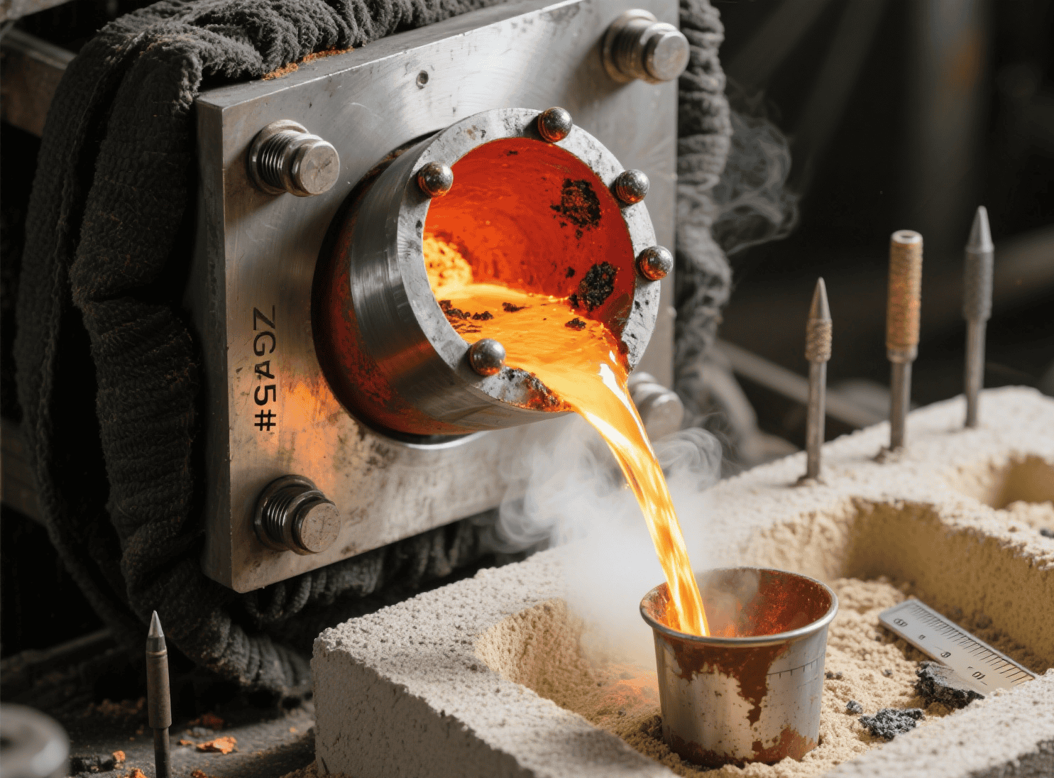 Workers performing resin sand casting for metal component manufacturing in a mechanical workshop