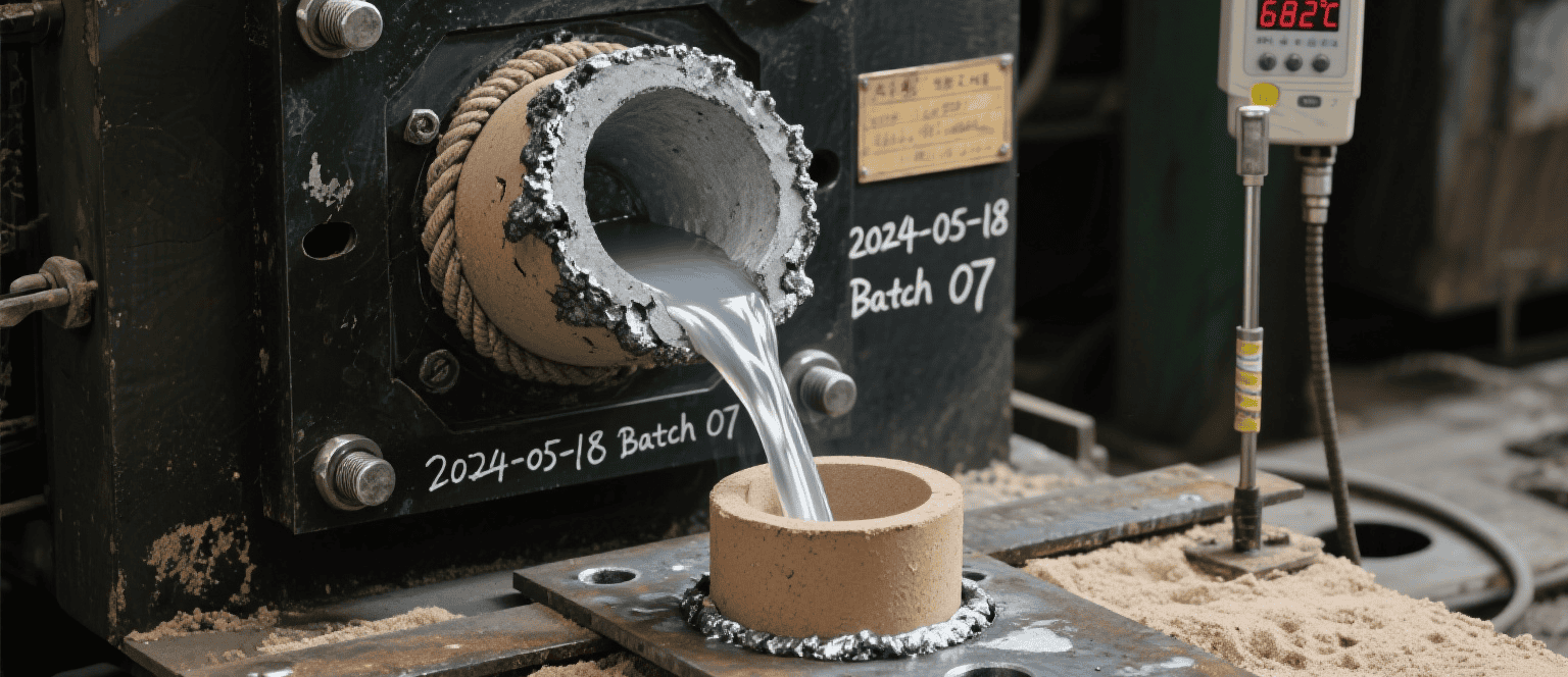 Molten metal solidifies in sand molds during sand casting process, showing casting formation and cooling stages