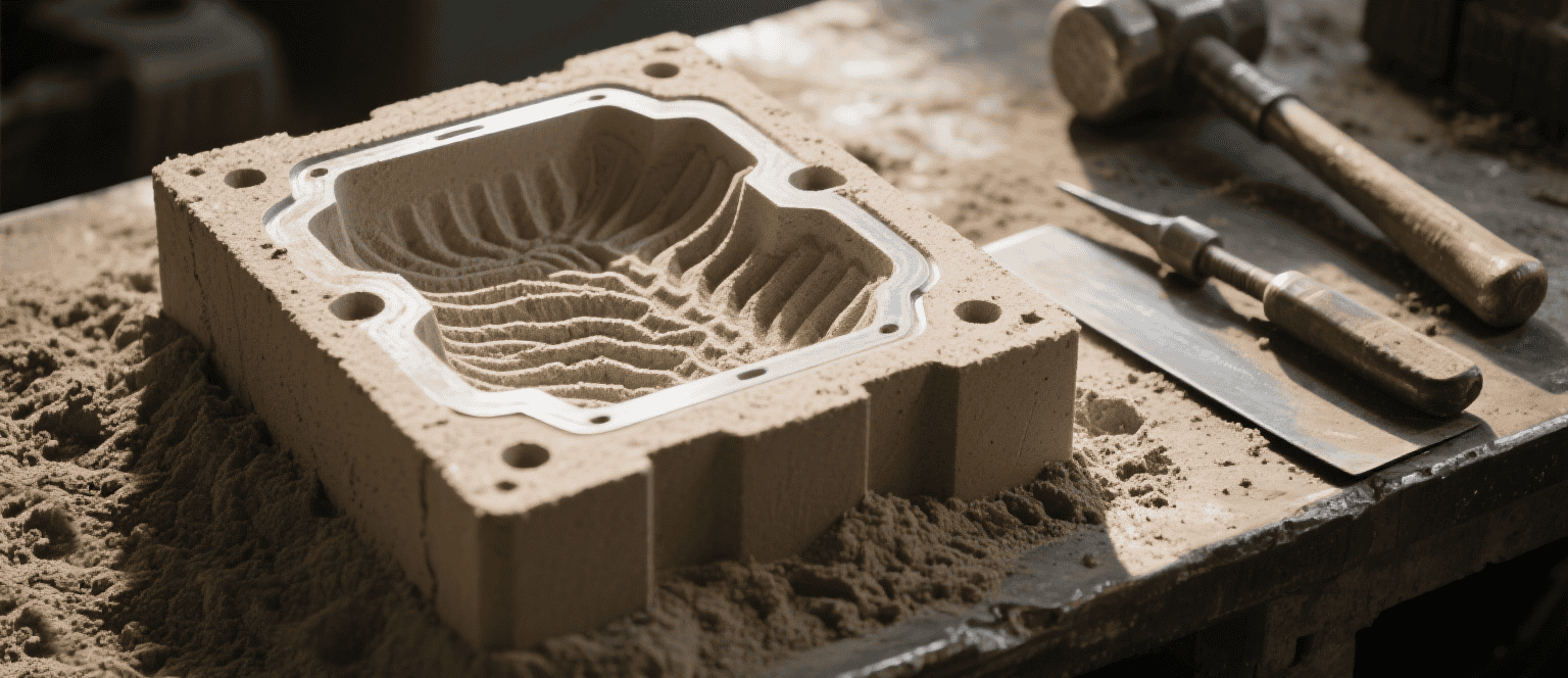 Sand casting process: Workers demolding and cleaning metal parts after casting