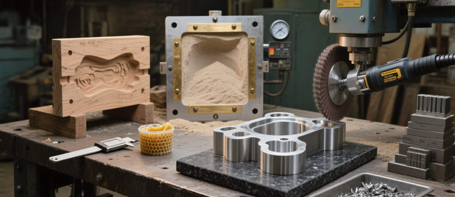 Craftsman creating wooden patterns for sand casting molds in a foundry workshop