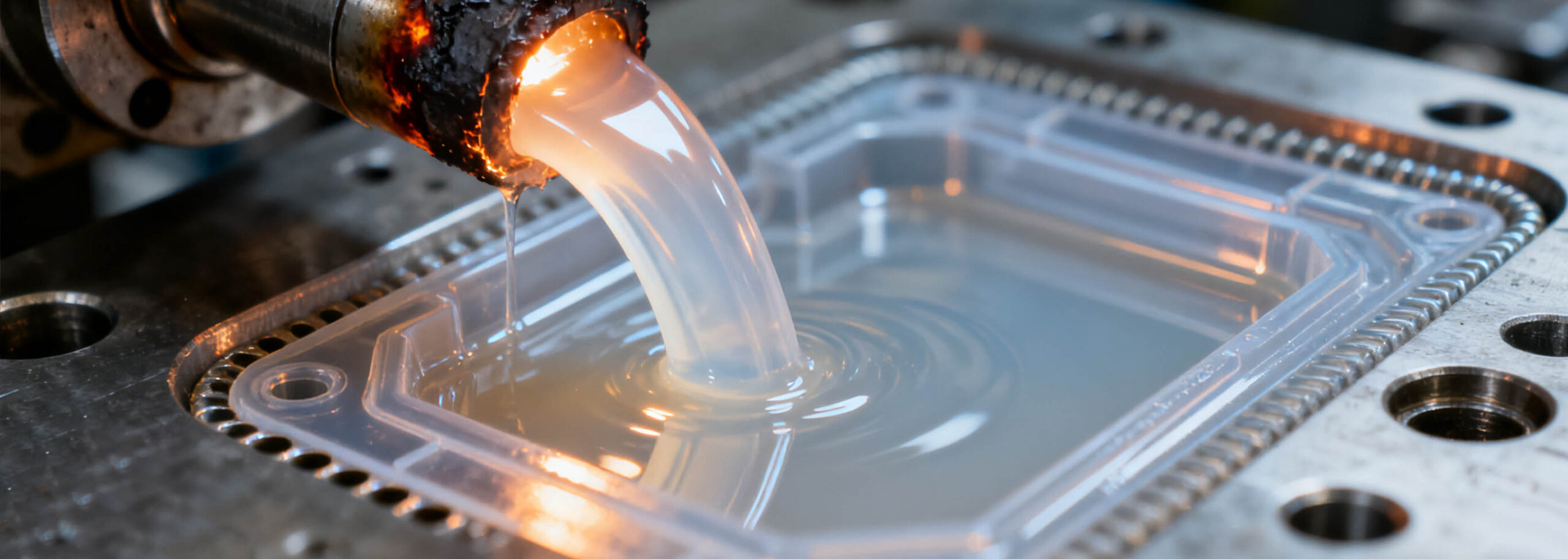 Plastic prototypes taking shape via injection molding in a mechanical workshop, with molds and molten material in view