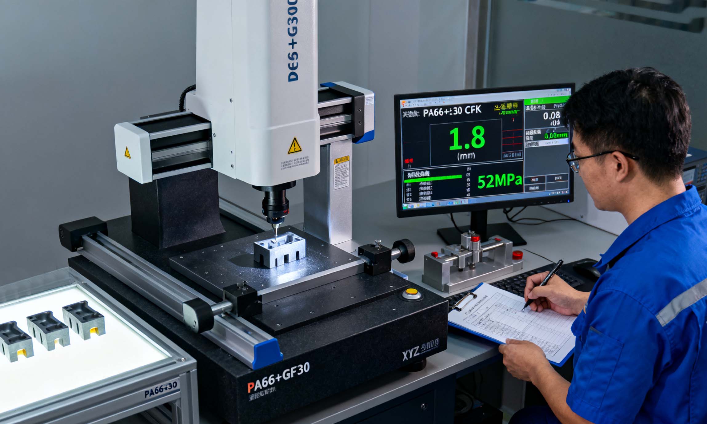 Engineers performing test molding and adjustment on mechanical components to ensure dimensional accuracy