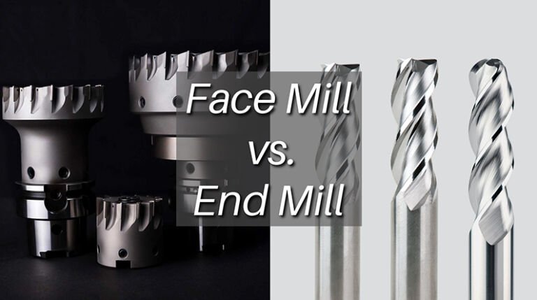 Side-by-side comparison of face mill and end mill cutting tools showing design differences, cutting paths, and machining applications in CNC milling and mechanical processing.