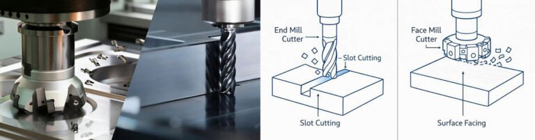Side-by-side comparison of face mill and end mill cutting tools, showing key differences in machining geometry, cutting edges and applications in cnc mechanical processing.