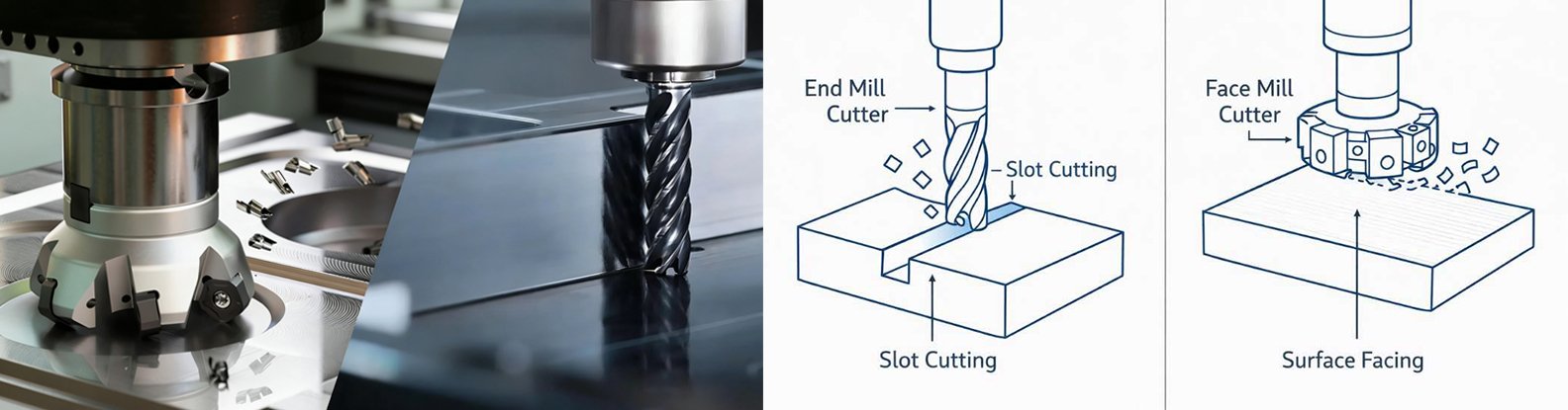 Side-by-side comparison of face mill and end mill cutting tools, showing key differences in machining geometry, cutting edges and applications in cnc mechanical processing.