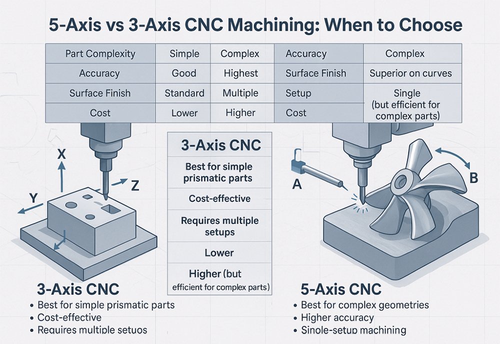 Comparison between 3-axis and 5-axis CNC machining showing precision manufacturing processes for industrial parts production