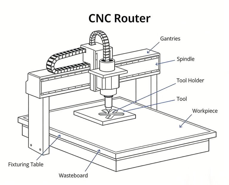 CNC router performing precision machining on industrial parts, ideal for metal and plastic fabrication in mechanical manufacturing and engineering production.