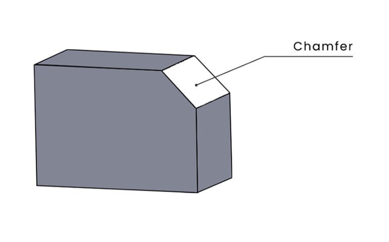 Comparison between chamfer and fillet in precision CNC machining parts, showing chamfered bevel edges for deburring and assembly in mechanical components