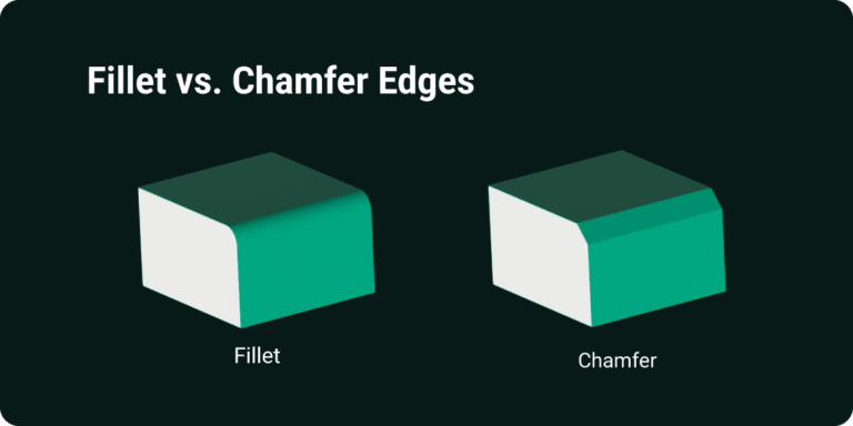 Comparison of fillet and chamfer corner designs in CNC machining, showing radius fillets and angled chamfers for precision machined parts and component manufacturing.