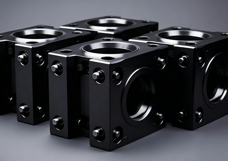 Machined aluminum component with professional black anodized surface finish from mechanical machining production