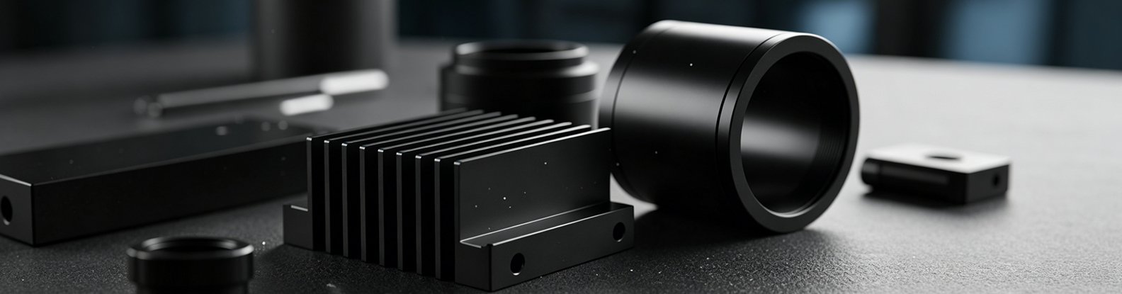 Black anodized aluminum parts finished via professional metal surface treatment in mechanical manufacturing workshop