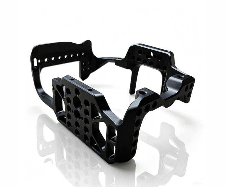 Custom F.XH2S bracket manufactured from black anodized aluminum, precision machined metal component for mechanical assembly and industrial use.