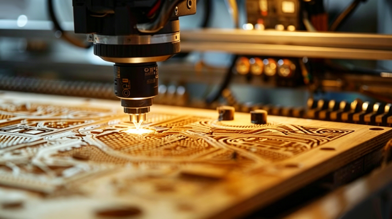 Professional wood machining process with CNC equipment, precise cutting and shaping workpieces in mechanical woodworking production line.