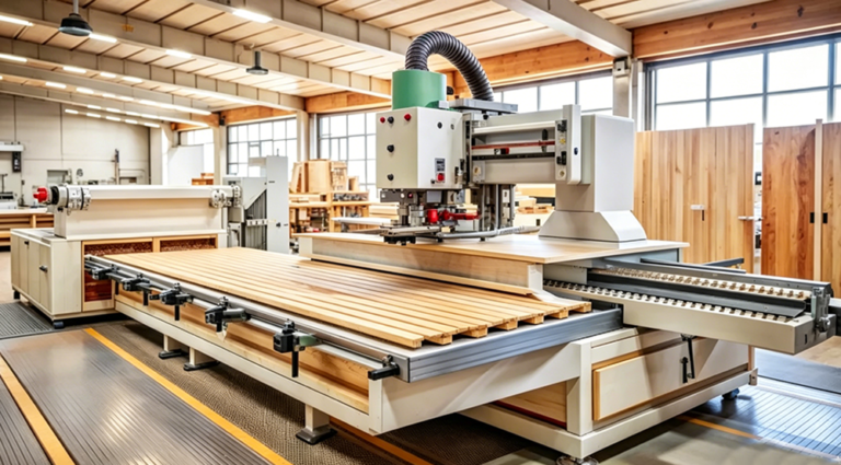 Professional wood machining scene with CNC mechanical processing equipment, precisely cutting and shaping wooden materials in industrial workshop production.