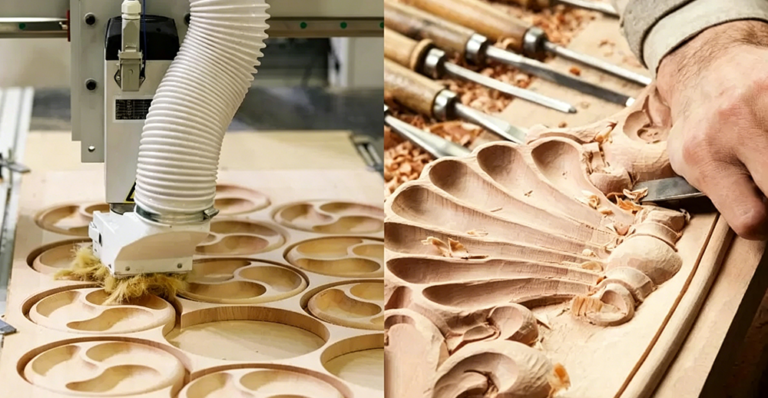 Professional wood machining process with CNC routing equipment for precise wooden parts manufacturing in woodworking industry